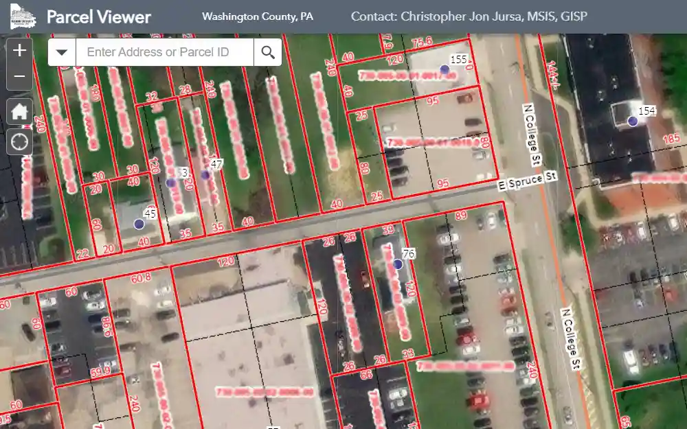 Screenshot of a map from the parcel viewer showing parcel numbers and a search bar.