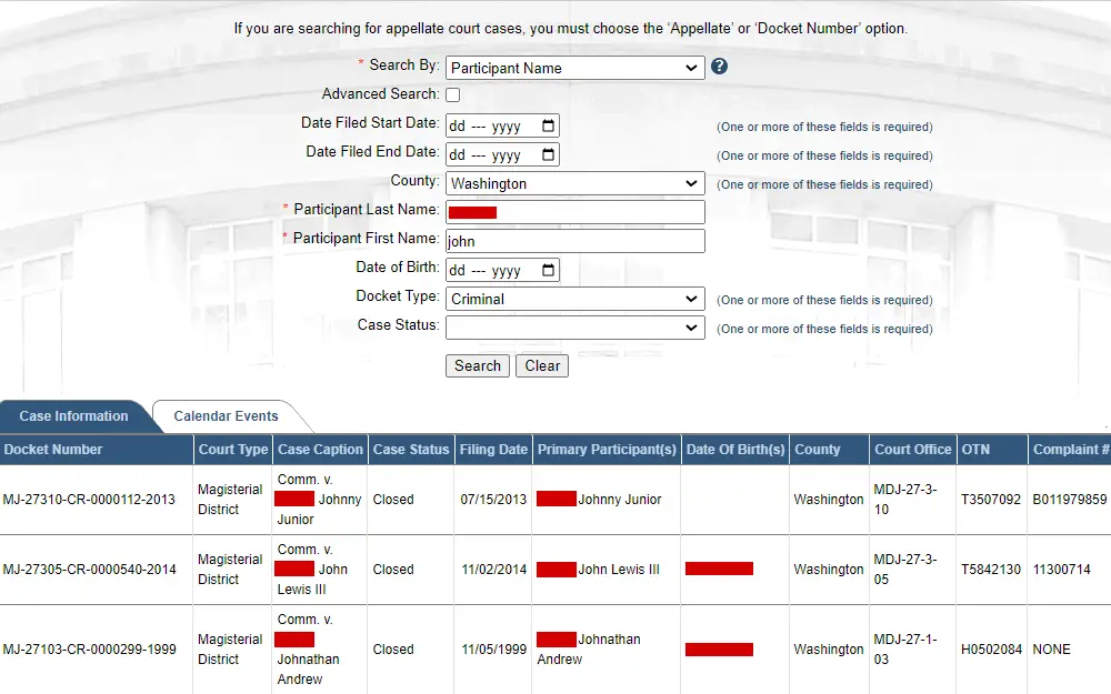 A screenshot of the case search web portal of Pennsylvania showing search fields modified by the drop down menu, and the search results listing the case information of the individuals including docket number, court type, case caption, status, and other information.