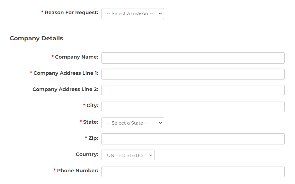 Screenshot of a part of the company request form for criminal history displaying fields for reason for request, company address, and contact information.