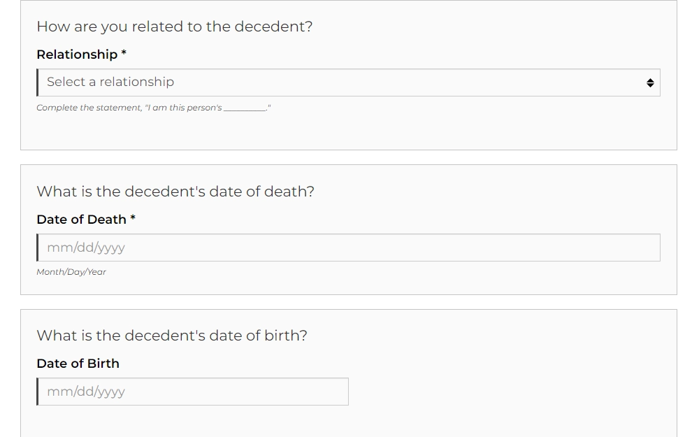 A screenshot of the first part of the online request form for death certificates showing fields for relationship, and dates of birth and death.