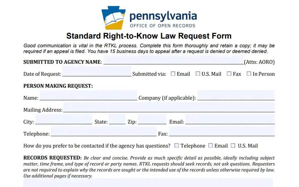 A screenshot of a part of the standard Right To Know Law request form showing fields for agency name, date of request, mode of submission, and personal details of the person making the request.