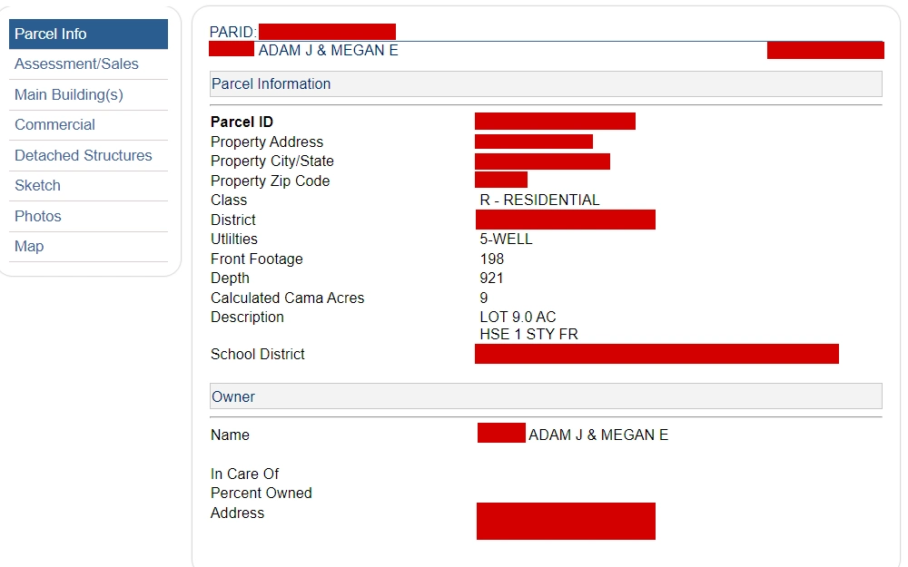 A screenshot of a search result for property records showing parcel information including owners' names, complete property address and characteristics, and parcel number.